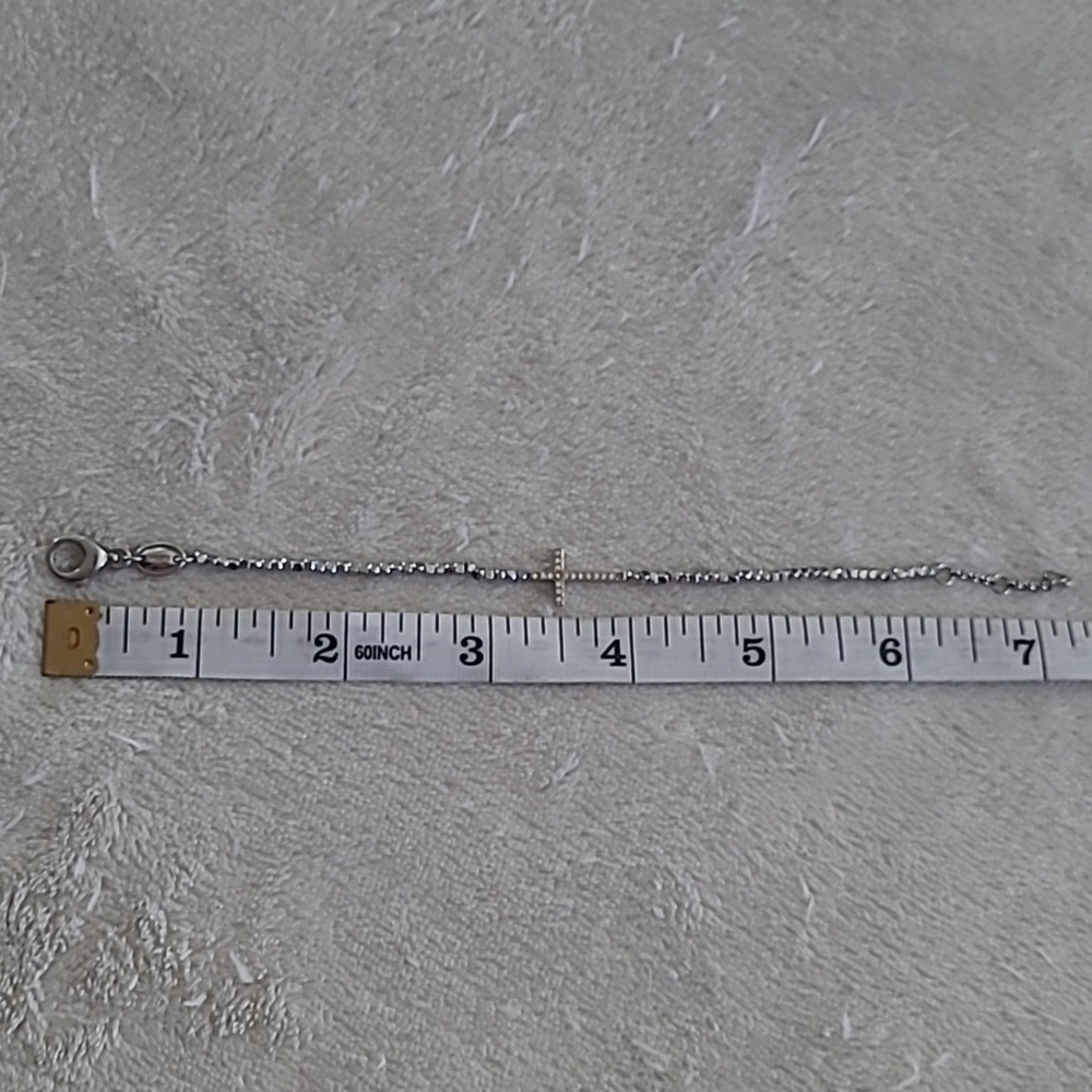 Fossil Silver Tone Cross Bracelet Beaded Chain Adjustable Crystal Accent Dainty - Picture 6 of 10